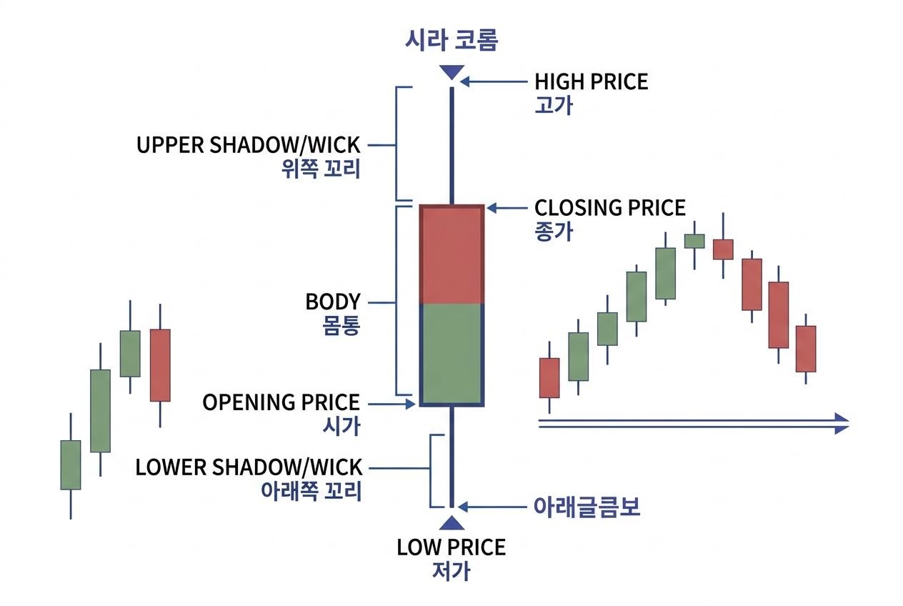 캔들 하나의 구성 요소를 설명하는 봉차트 기초 이미지